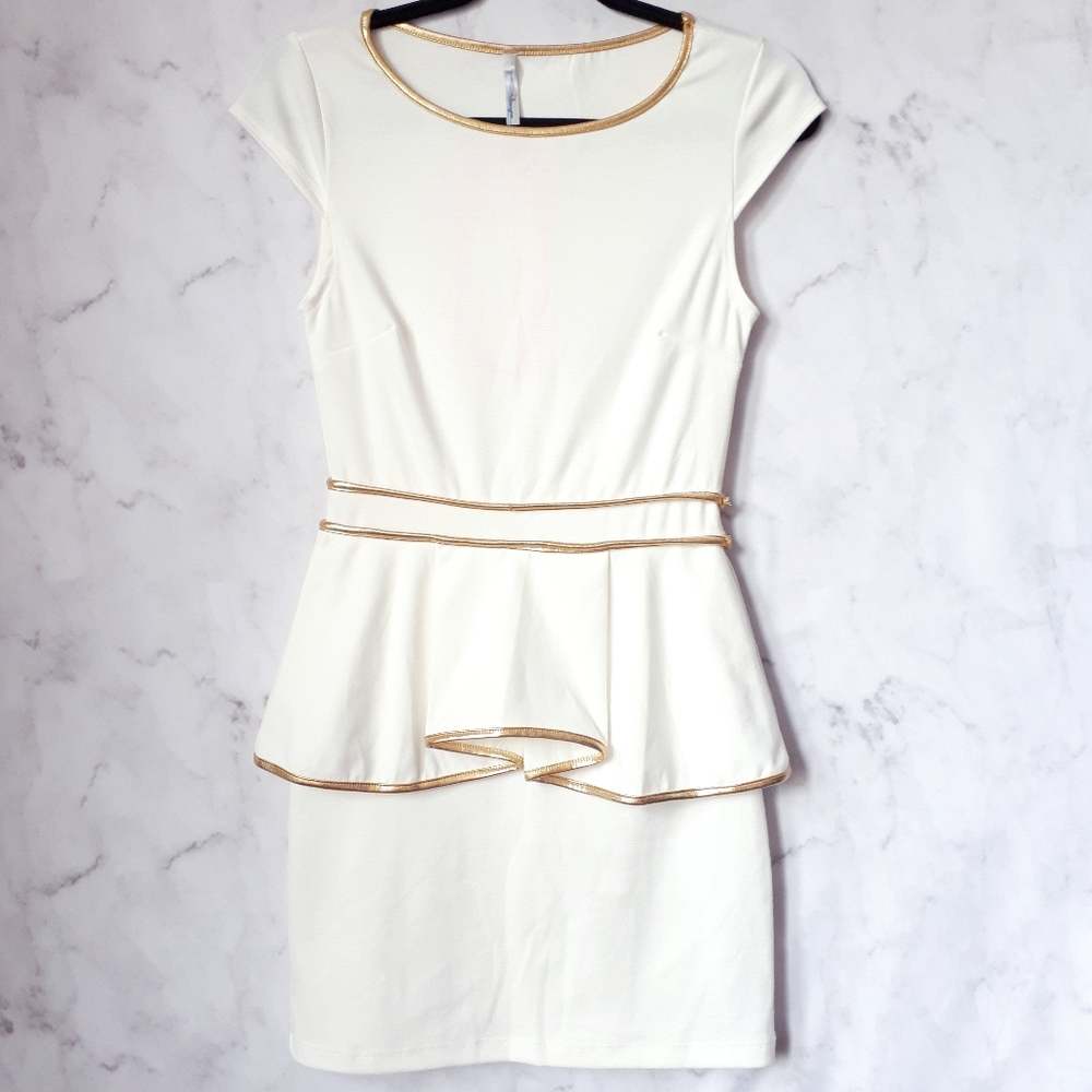 Flamingo Peplum White Gold Trim Mini Dress Medium
